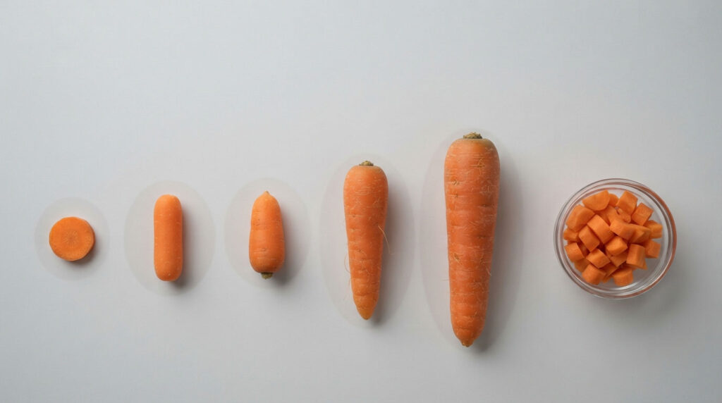 A variety of carrots in different sizes and a bowl of diced carrots on a light background.