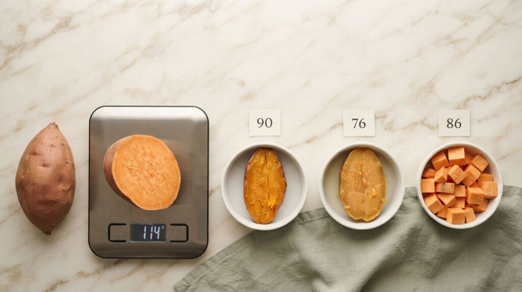 A whole sweet potato and a sliced piece on a scale, with bowls of sweet potato pieces labeled with numbers.