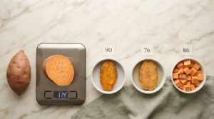 A whole sweet potato and a sliced piece on a scale, with bowls of sweet potato pieces labeled with numbers.