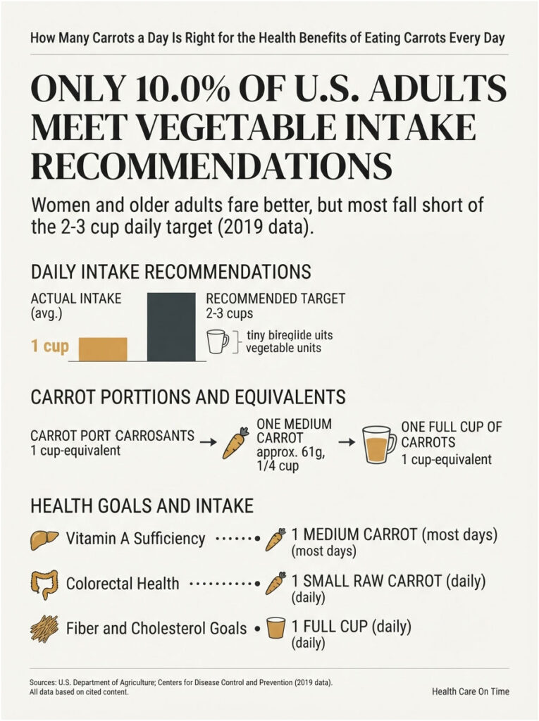 Infographic showing U.S. adults' vegetable intake, carrot portions, and health goals with statistics and illustrations.