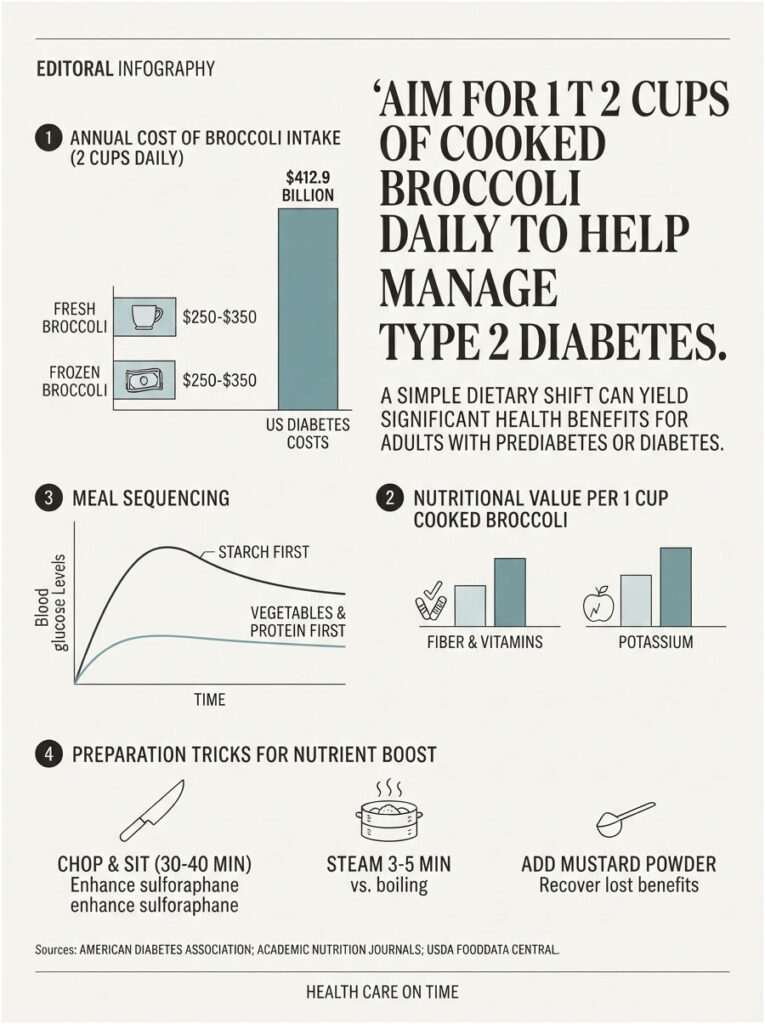 Infographic showing broccoli intake benefits, costs, nutritional value, meal sequencing, and preparation tips for diabetes management.