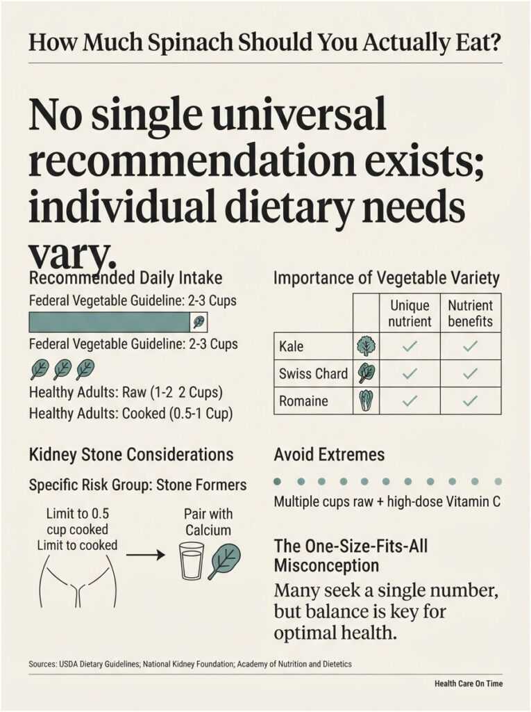 Infographic detailing spinach intake recommendations, including daily intake, vegetable variety, and kidney stone considerations.
