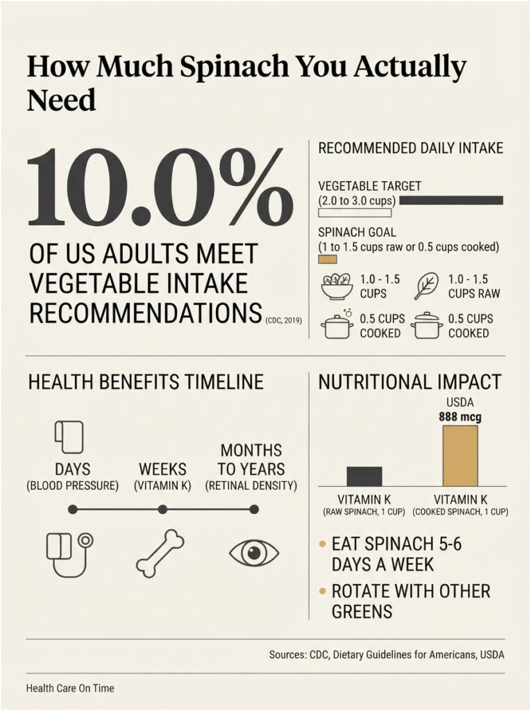 Infographic showing spinach intake recommendations, health benefits timeline, and nutritional impact of spinach.
