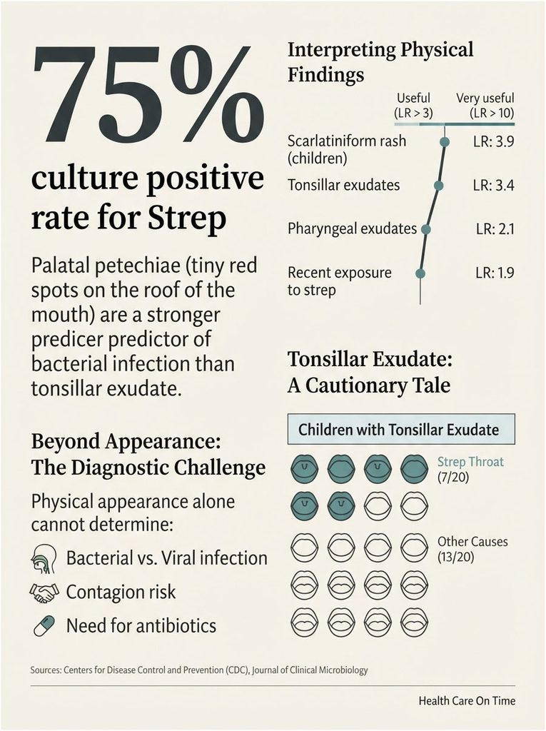 Infographic showing 75% culture positive rate for Strep, highlighting diagnostic challenges and key findings.