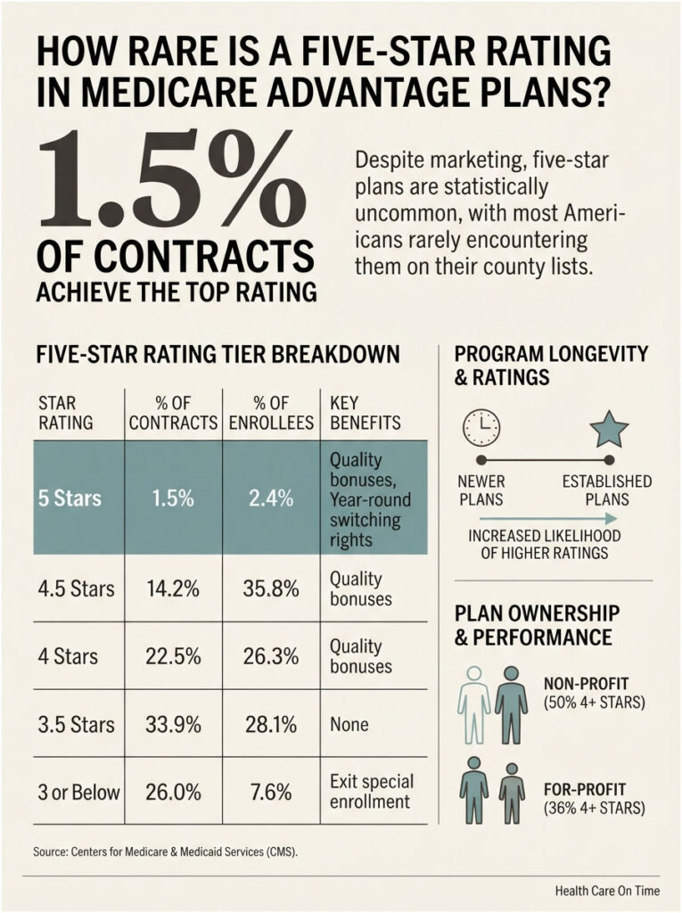 Infographic showing Medicare Advantage plans' five-star rating statistics and breakdown of contracts and enrollees.