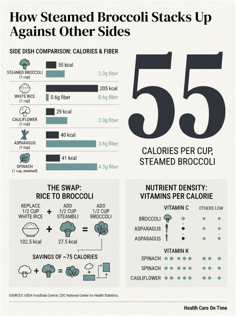 Infographic comparing calories and fiber in steamed broccoli, white rice, cauliflower, asparagus, and spinach.
