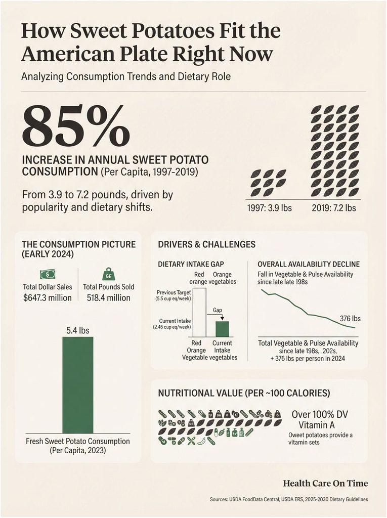 Infographic showing sweet potato consumption trends, dietary role, and nutritional value with charts and statistics.