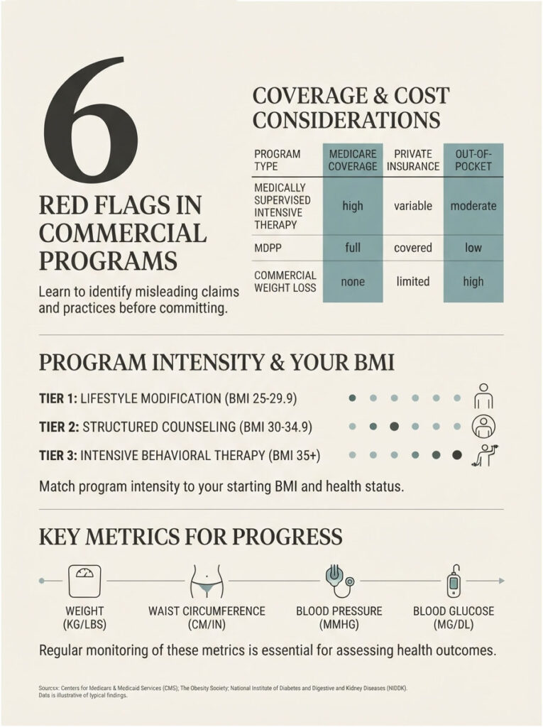 Infographic showing 6 red flags in commercial programs, coverage details, program intensity tiers, and key metrics for progress.