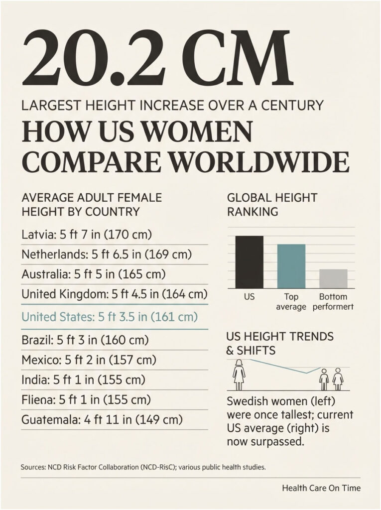 Infographic showing average female heights by country, highlighting US women's height and global rankings.