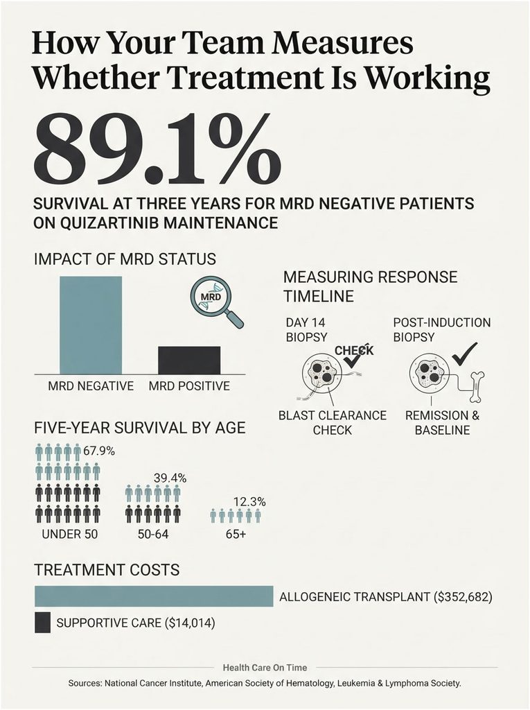 Infographic showing survival rates and treatment costs for MRD negative patients on quizartinib maintenance.