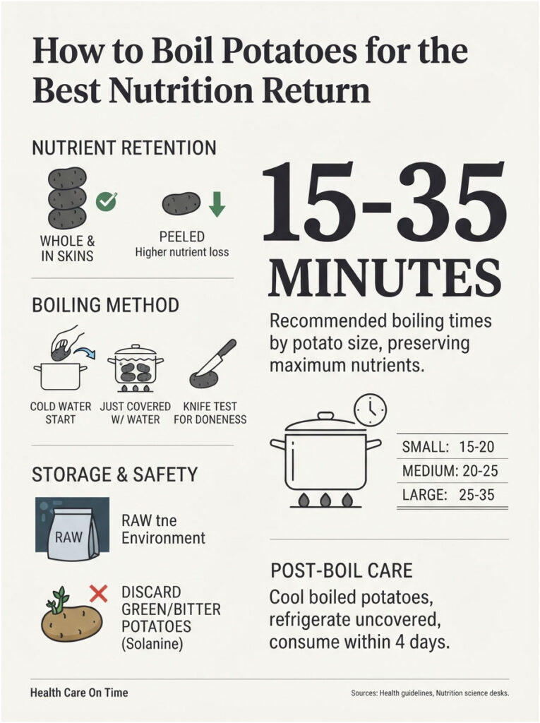 Infographic detailing how to boil potatoes for optimal nutrition, including boiling times and safety tips.