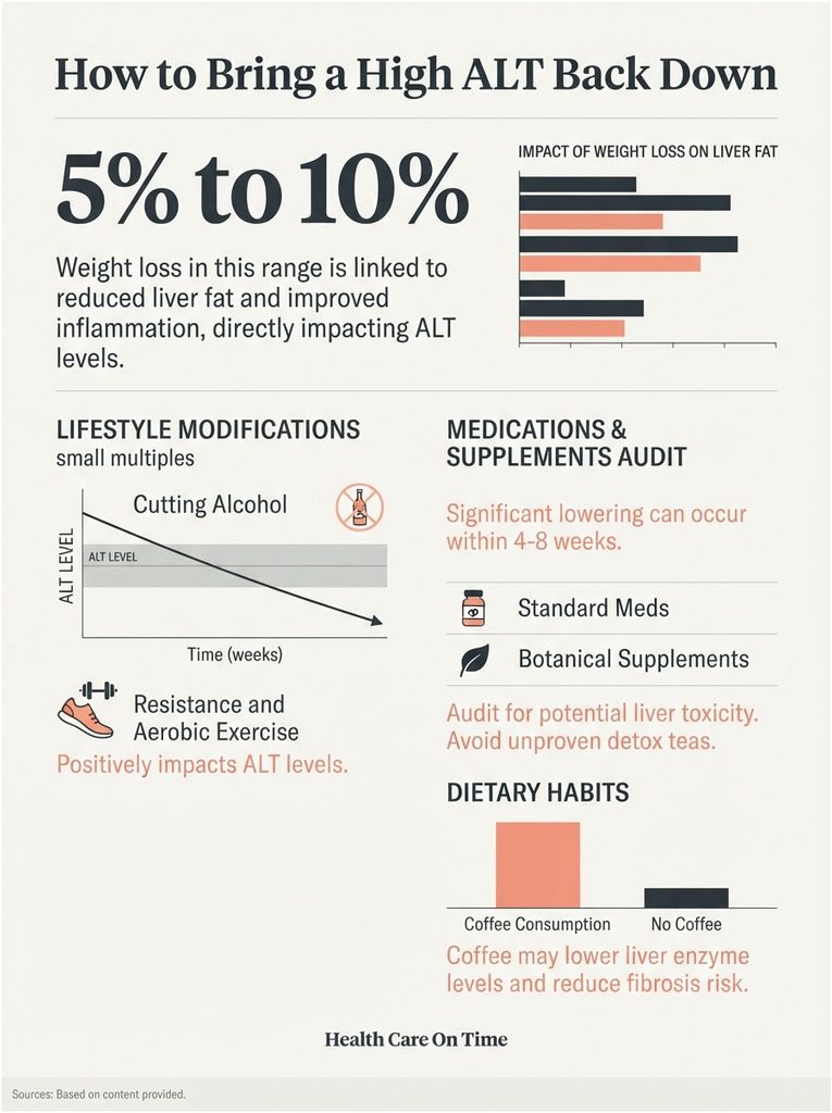 Infographic showing how to lower high ALT levels with weight loss, lifestyle changes, and dietary habits.