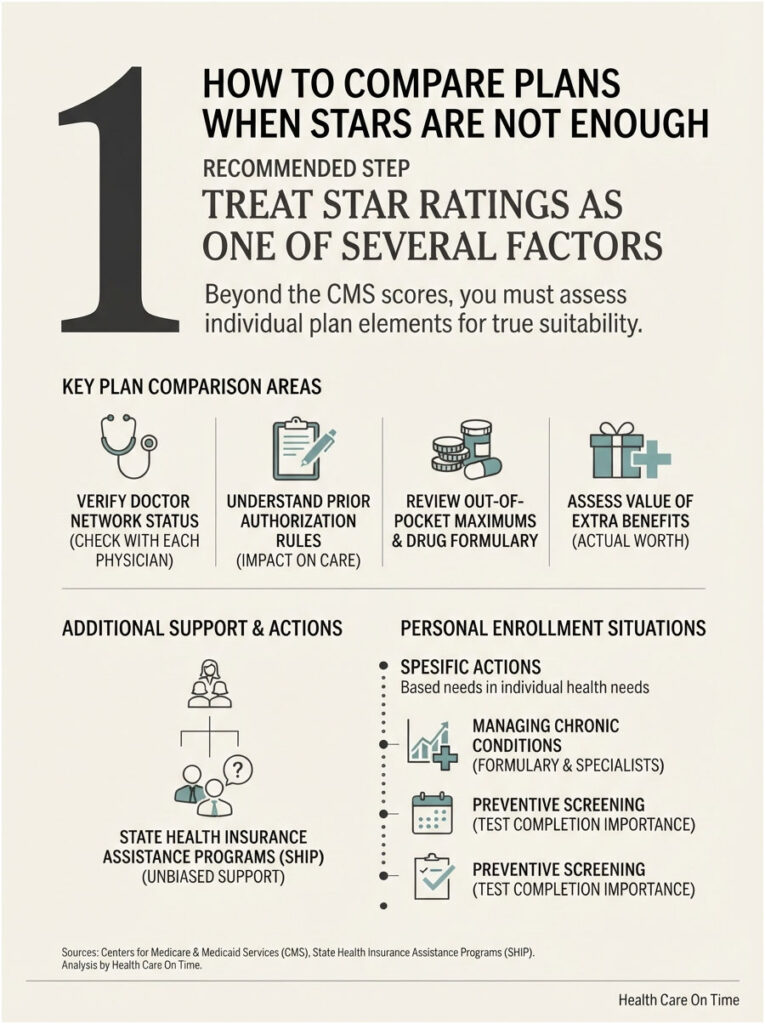 Infographic on comparing health plans with star ratings, highlighting key comparison areas and actions.