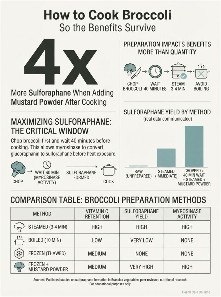 Infographic detailing broccoli cooking methods, sulforaphane yield, and preparation tips with charts and icons.