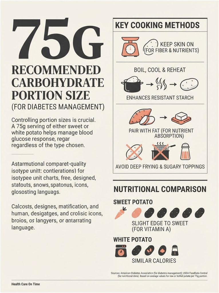 Infographic showing 75g recommended carbohydrate portion size for diabetes management with cooking methods and nutritional comparison.
