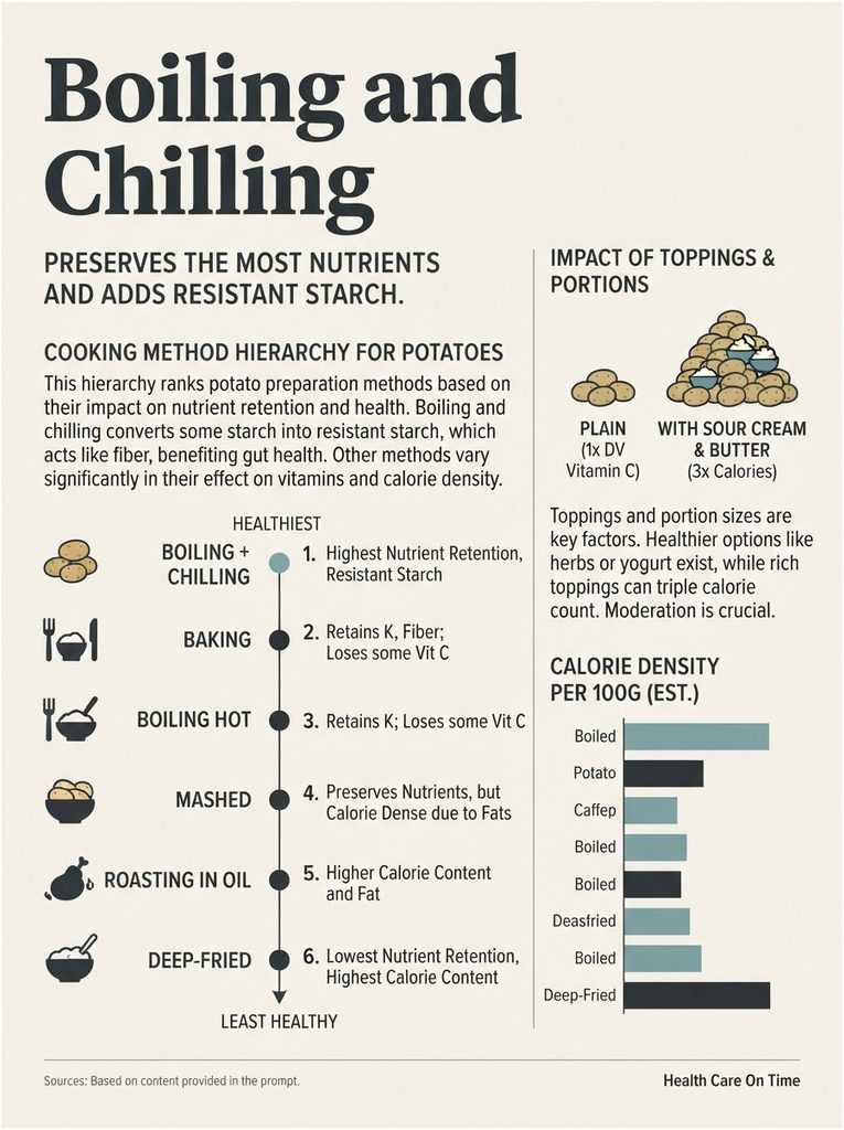 Infographic comparing potato cooking methods, nutrient retention, and calorie density with charts and icons.
