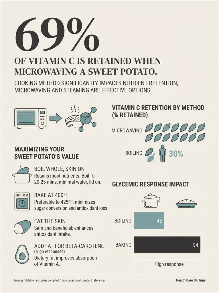 Infographic showing vitamin C retention in sweet potatoes by cooking method, with charts and tips for preparation.