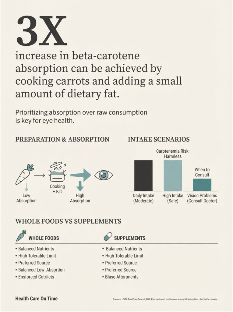 Infographic showing 3X increase in beta-carotene absorption from cooked carrots with dietary fat, including charts and icons.