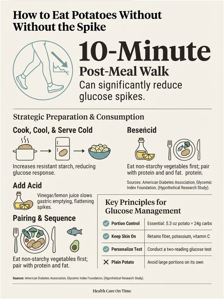 Infographic on managing glucose spikes from potatoes, featuring tips like post-meal walks and food pairing strategies.