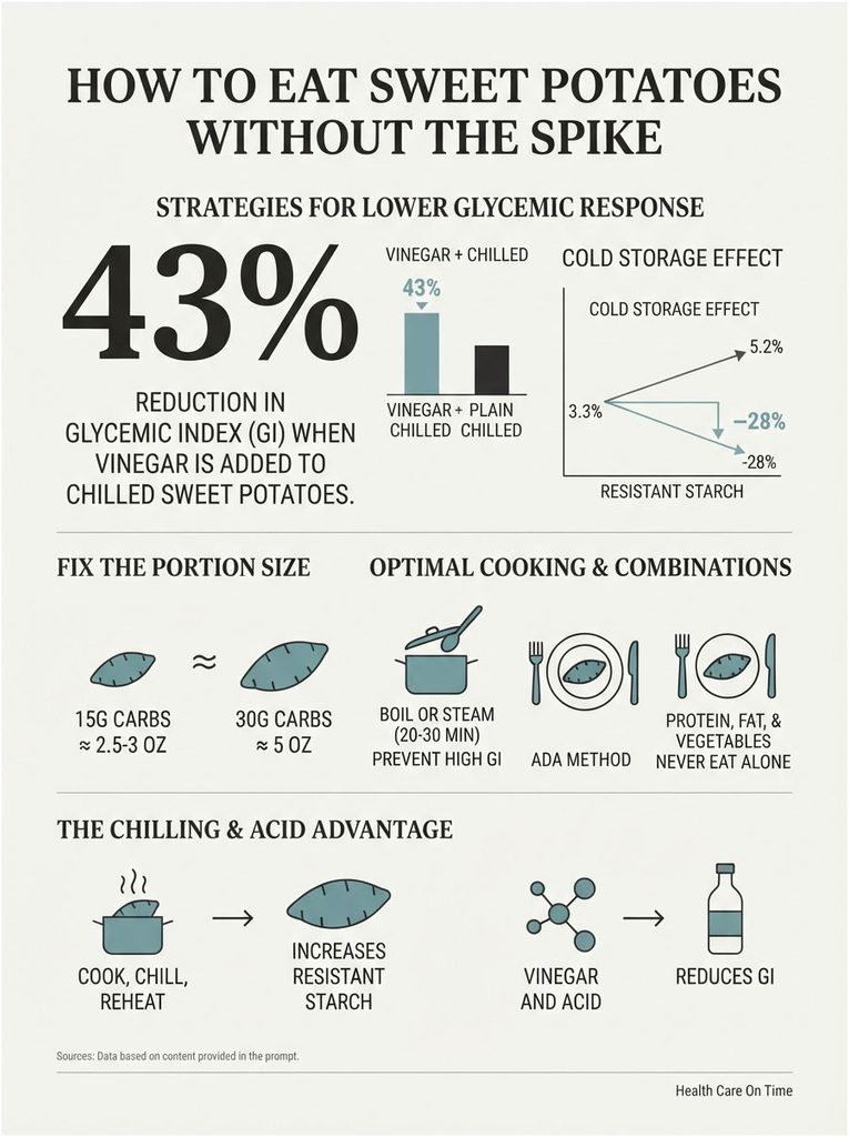 Infographic showing strategies to lower glycemic response of sweet potatoes with charts and cooking tips.