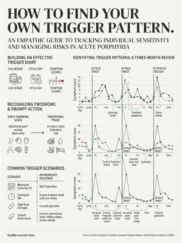 Infographic showing how to track trigger patterns in acute porphyria with charts and symptom scores.