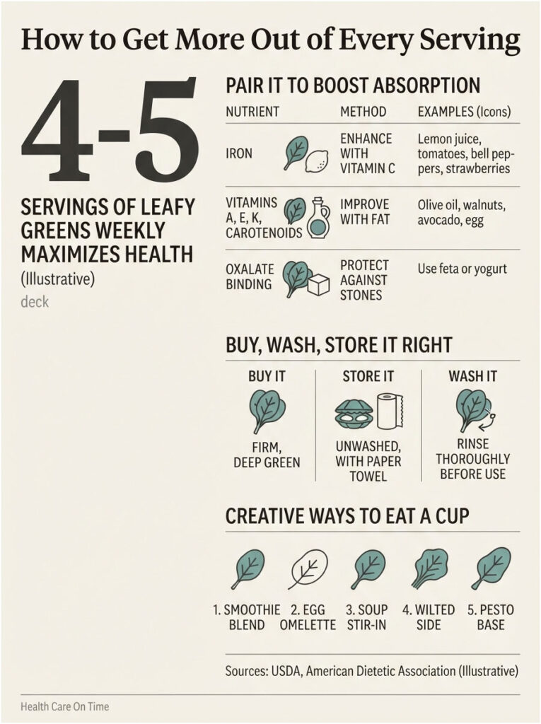 Infographic detailing how to maximize health with leafy greens, including serving suggestions and nutrient pairings.