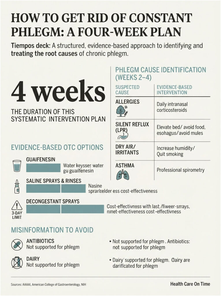 Infographic detailing a four-week plan to address chronic phlegm with evidence-based interventions and misinformation to avoid.