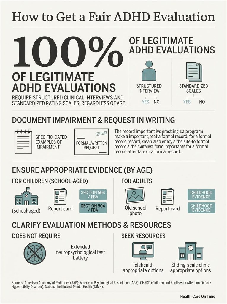 Infographic detailing steps for a fair ADHD evaluation, including structured interviews and evidence requirements.