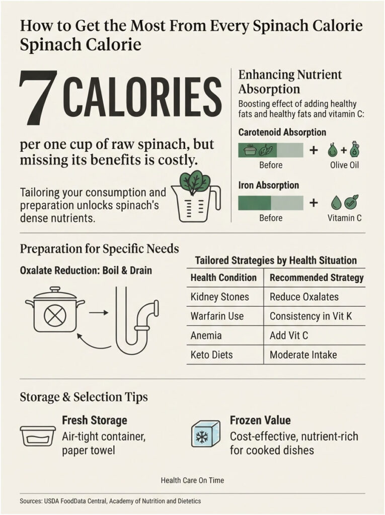 Infographic detailing spinach calorie benefits, nutrient absorption tips, and health preparation strategies.