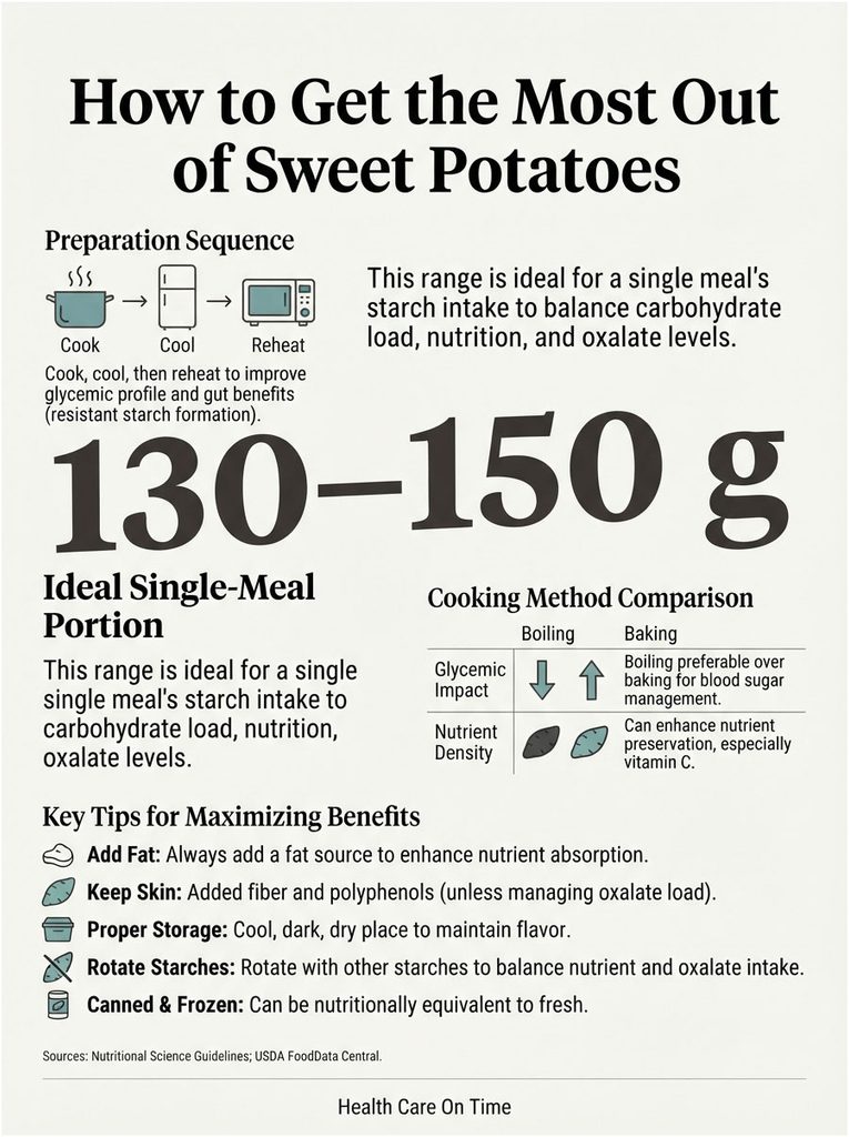 Infographic on maximizing benefits of sweet potatoes with preparation sequence and cooking method comparison.