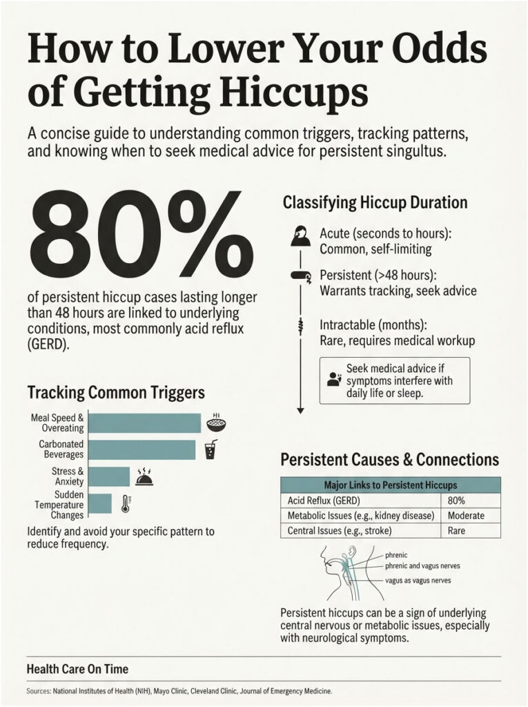 Infographic illustrating how to lower odds of hiccups, featuring statistics, triggers, and medical advice.