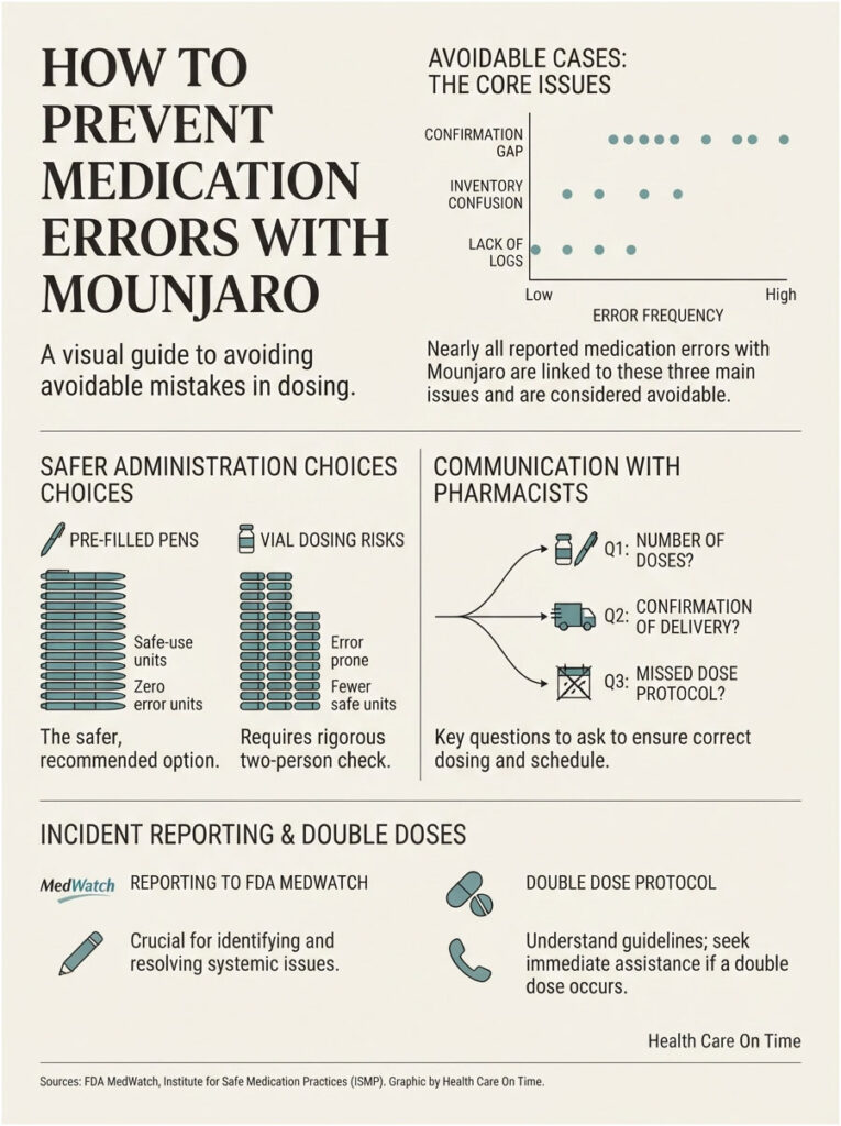 Infographic detailing how to prevent medication errors with Mounjaro, showing graphs, icons, and key questions for pharmacists.