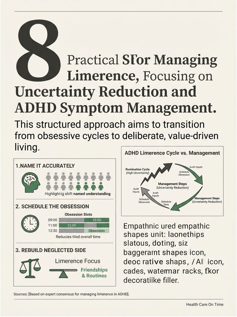 Infographic detailing 8 practical steps for managing limerence, focusing on ADHD symptom management and uncertainty reduction.