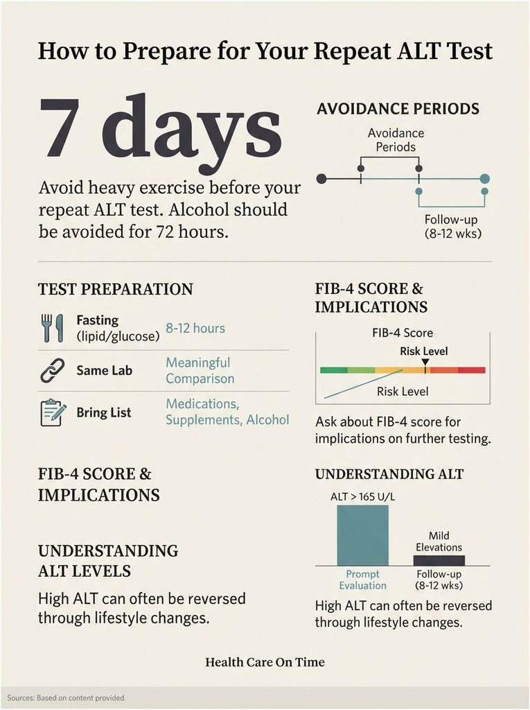 Infographic detailing preparation for repeat ALT test, including fasting, avoidance periods, and FIB-4 score implications.