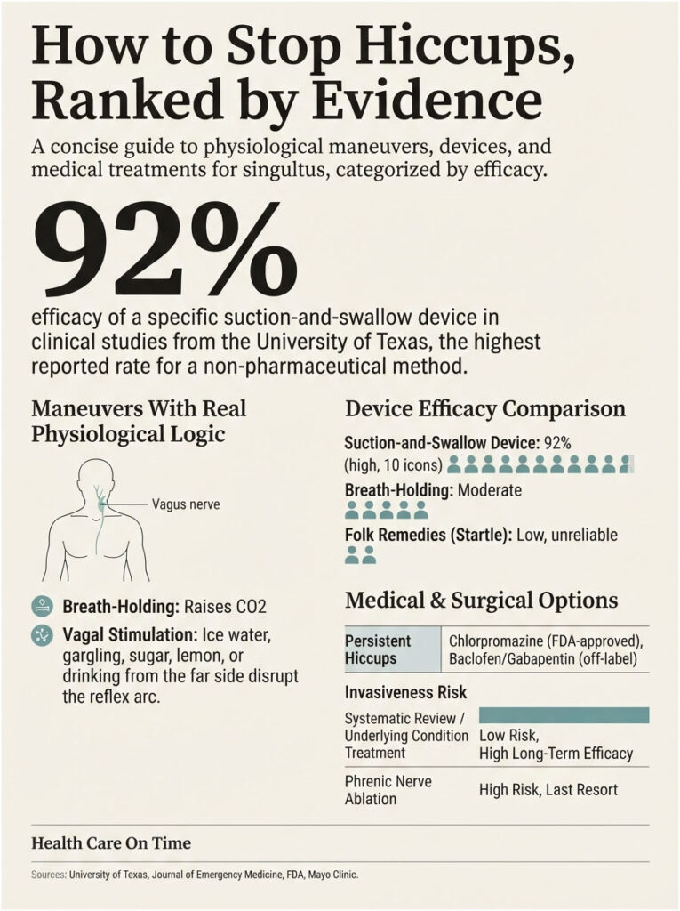 Infographic detailing methods to stop hiccups, including efficacy percentages and medical options.