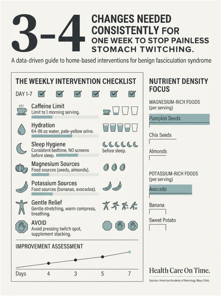 Infographic detailing weekly checklist for stopping painless stomach twitching with hydration, sleep hygiene, and nutrient sources.