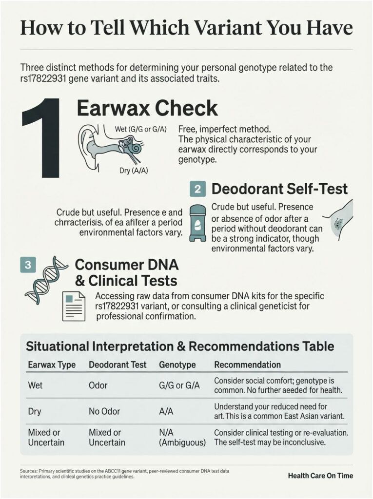 Infographic detailing methods to determine rs17822931 gene variant through earwax check, deodorant self-test, and DNA tests.