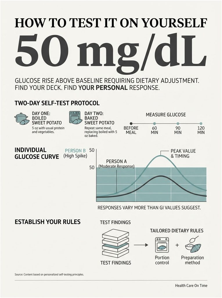Infographic showing glucose testing protocol with charts for individual responses to sweet potatoes.