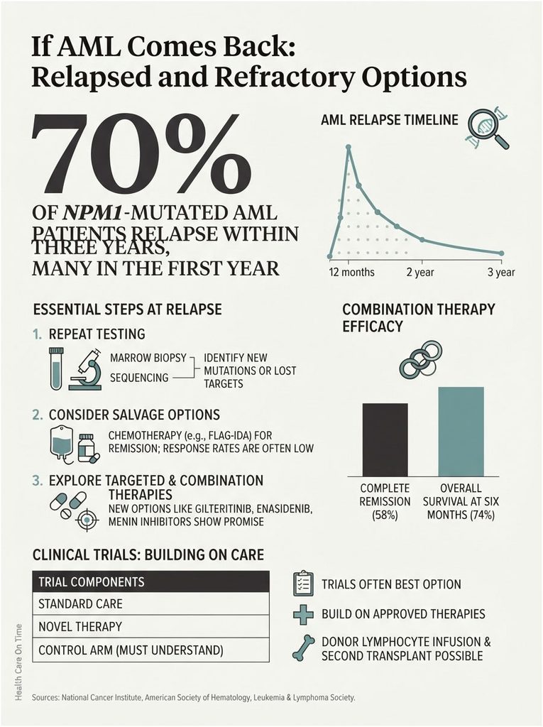 Infographic showing AML relapse statistics, treatment steps, and therapy efficacy for NPM1-mutated patients.