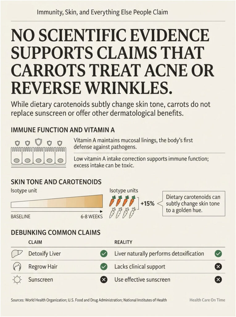 Infographic explaining that carrots do not treat acne or reverse wrinkles, detailing immune function and vitamin A benefits.