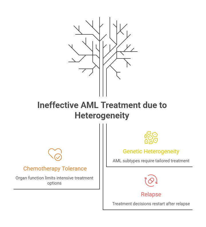 Infographic showing ineffective AML treatment due to heterogeneity with sections on chemotherapy tolerance, genetic heterogeneity, and relapse.
