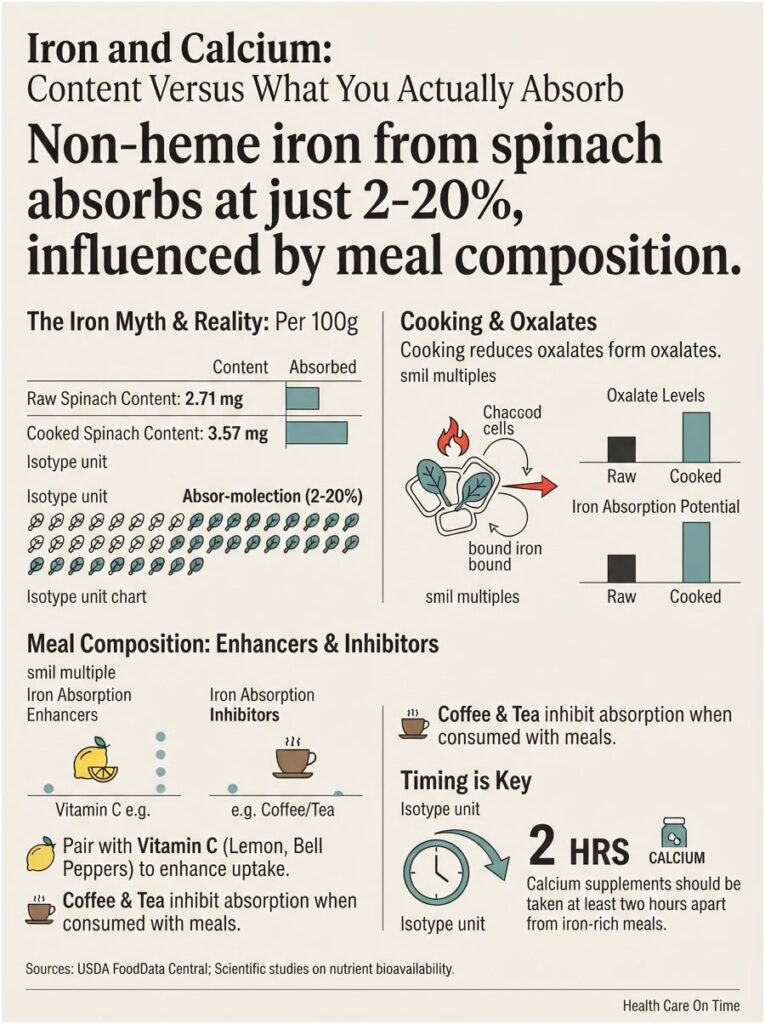 Infographic showing iron absorption from spinach, cooking effects, and meal composition influences on absorption.