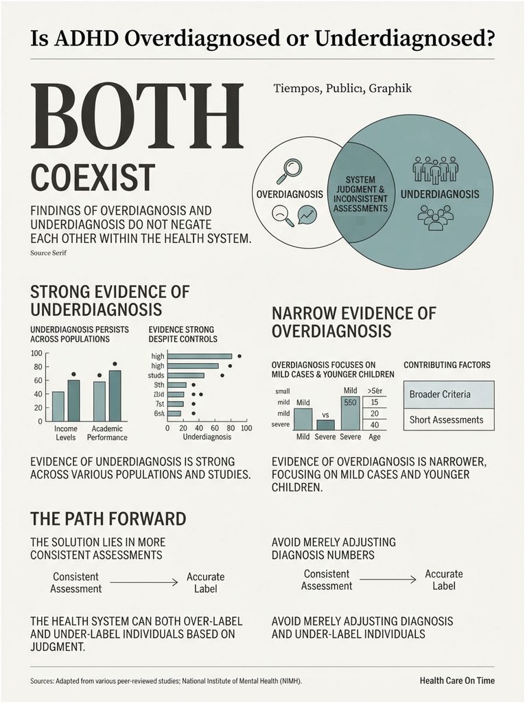 Infographic discussing ADHD overdiagnosis and underdiagnosis with charts on academic performance and income levels.