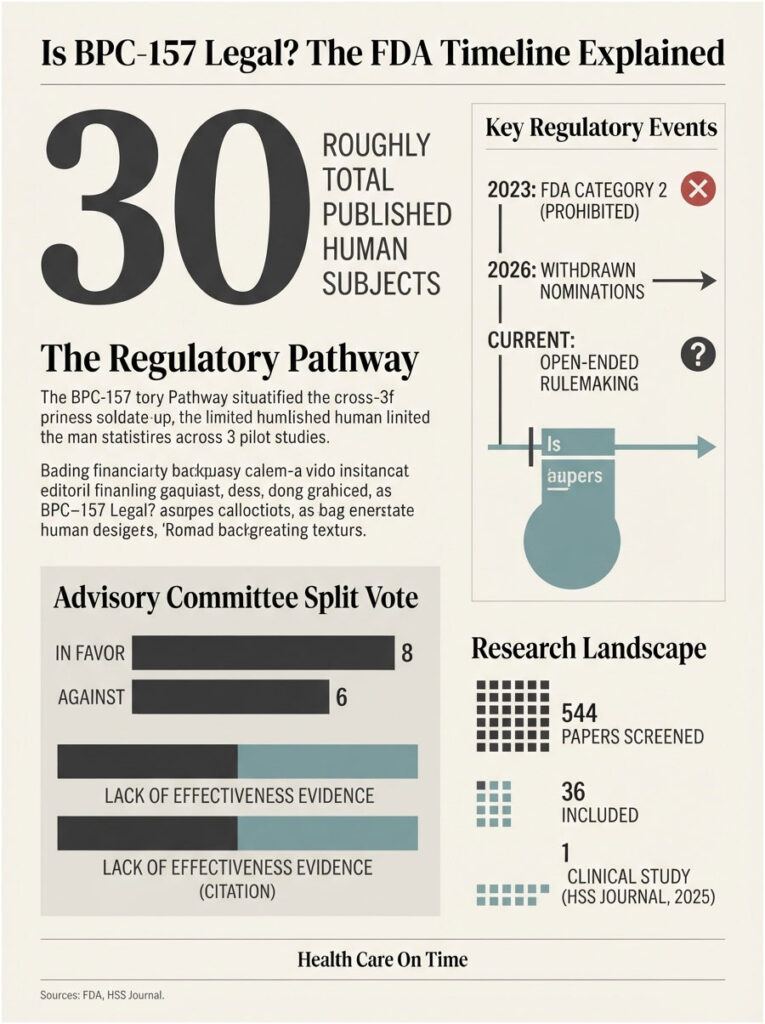 Infographic showing FDA timeline for BPC-157 legality, with statistics, charts, and key regulatory events.