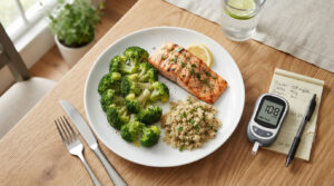 A plate with salmon, broccoli, and quinoa beside a blood glucose meter and notepad on a wooden table.
