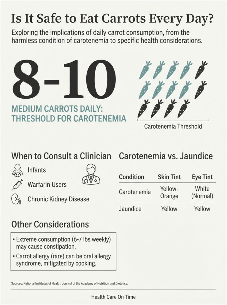 Infographic explaining daily carrot consumption, carotenemia threshold, and health considerations with icons and charts.