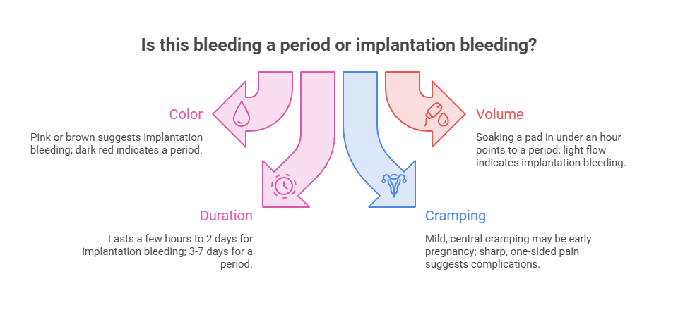 Infographic comparing period and implantation bleeding with color, volume, duration, and cramping details.