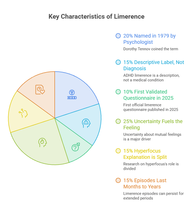 Infographic showing key characteristics of limerence with statistics and icons in a circular layout.