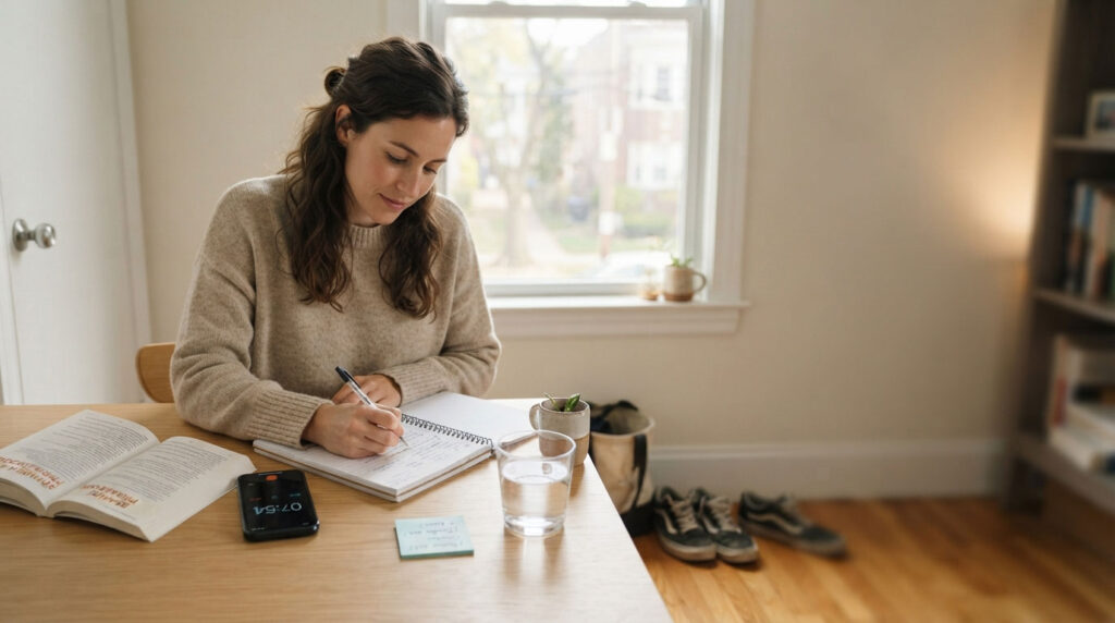 A woman writes in a notebook at a wooden table with books, a glass of water, and a small plant nearby.