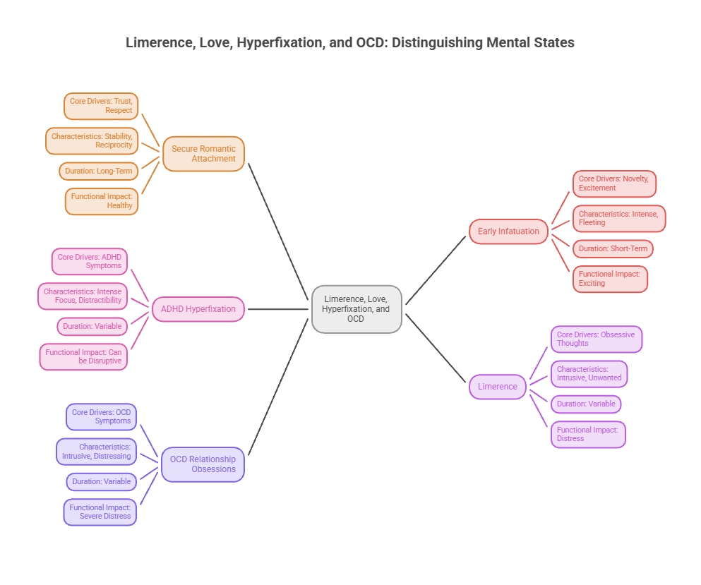 Mind map illustrating limerence, love, hyperfixation, and OCD with core drivers, characteristics, and impacts. Infographic.